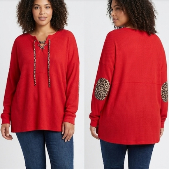Sunshine & Rodeos Tops - Comfy Long-Sleeved sz 3X Red Lace-Up Women's Top with Leopard Print Ties & Patch